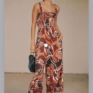 By Anthropologie Square-Neck Smocked cut out Multicolor Jumpsuit XS